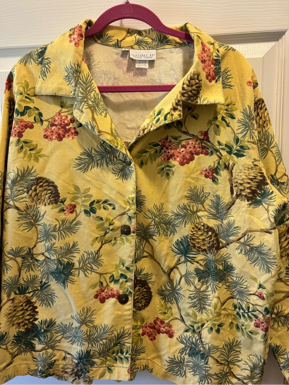 Monterey Bay Yellow Pinecone Berry Print Cotton Button Front Jacket Top L